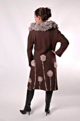 Boiled wool brown winter coat with flower accents