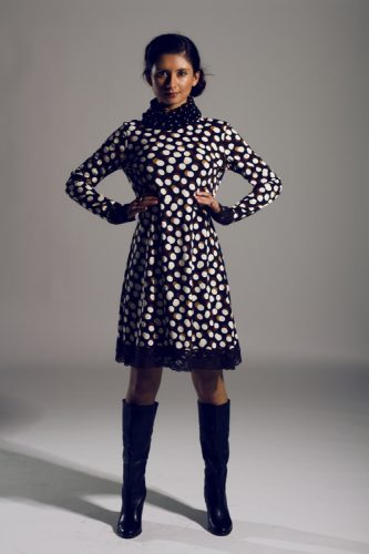 Knit polka dot dress with lace trim