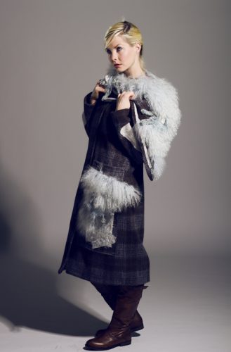 Plaid taupe/baby blue wool winter coat